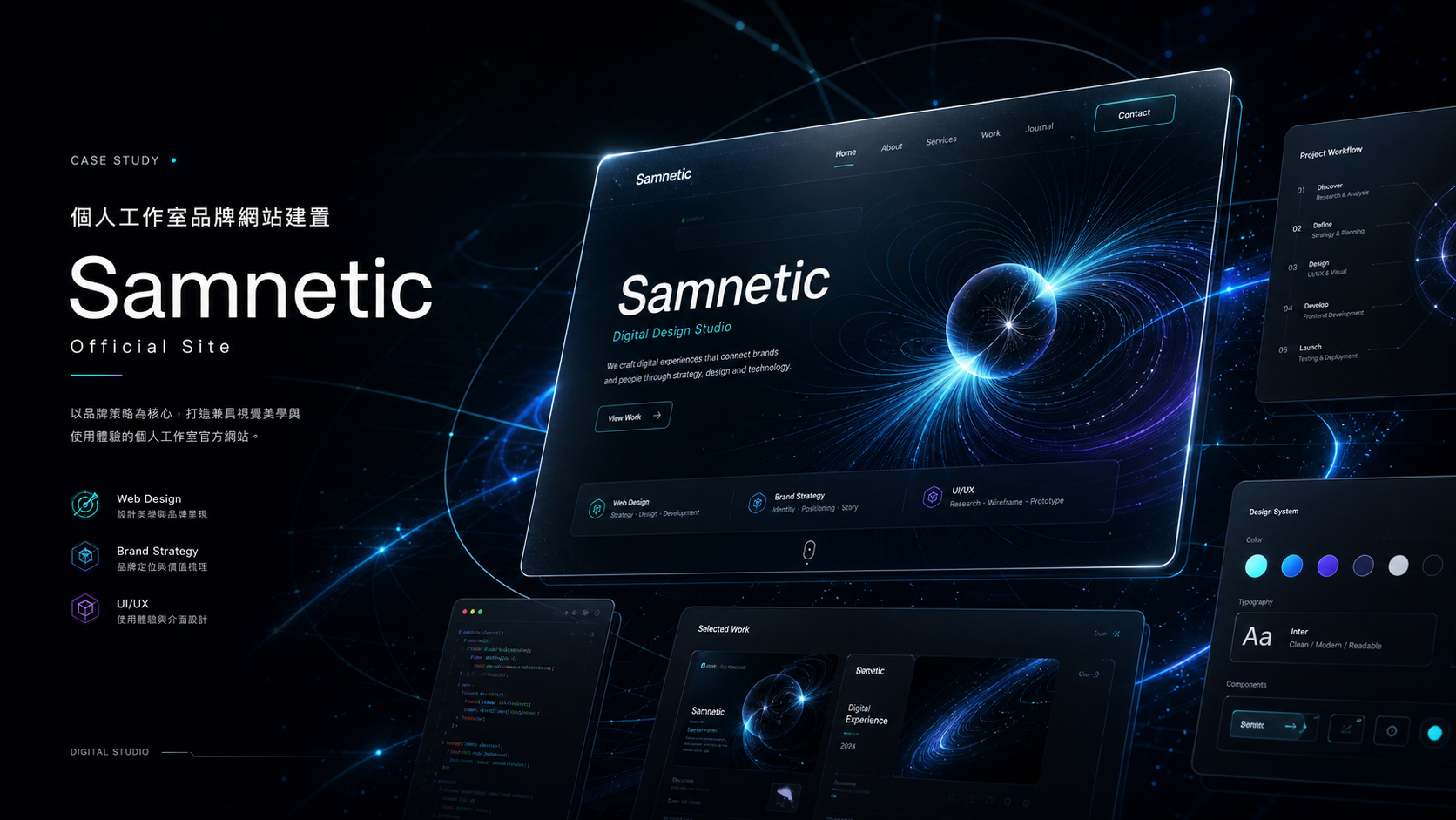 Samnetic Official Site 案例代表視覺圖，呈現深色磁場科技風網站介面與品牌案例資訊
